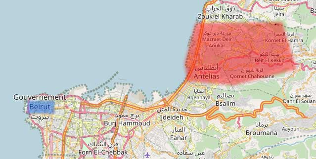 Karte von Beirut bis Antelias / Naqqache. In Blau ist Hamra in Beirut zu sehen, in Rot die Gegend, die ich besucht habe.
