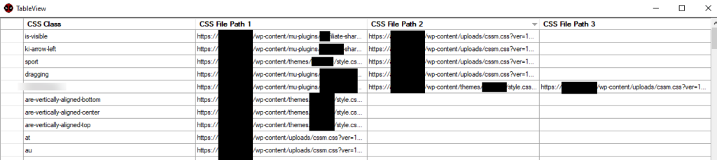 Table view of unused CSS classes and the files they have been declared in